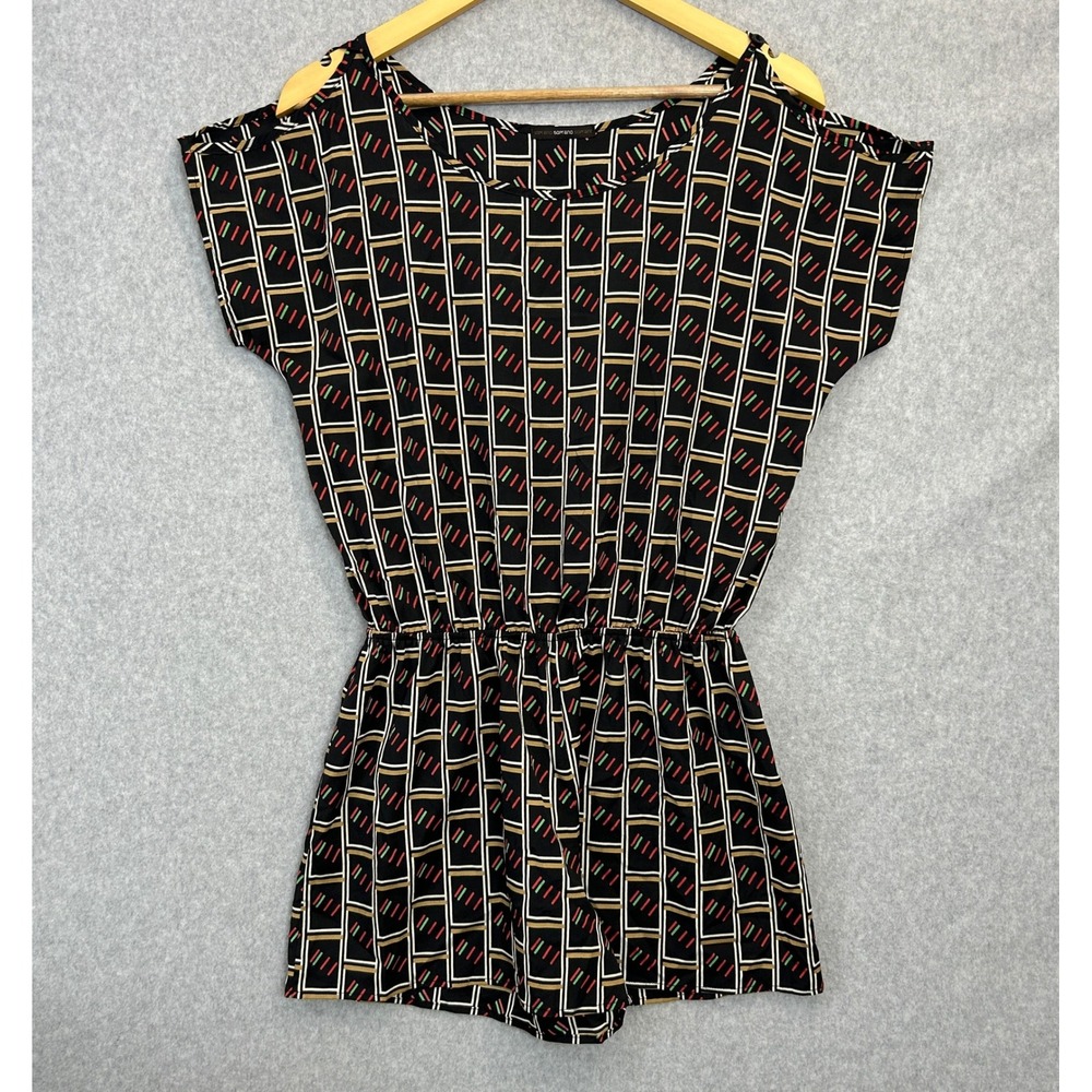Soprano Romper Black Red Geometric Print Short Sleeve Open Shoulder Size Medium
